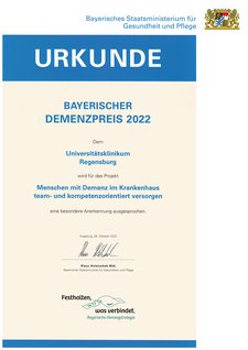 Anerkennungsurkunde für das Demenzkonzept des UKR