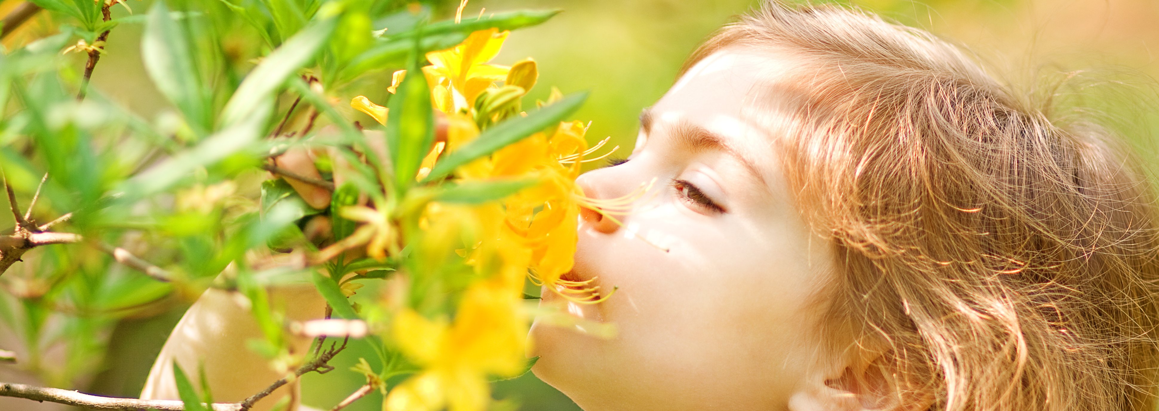 Kleines Mädchen riecht an gelber Blume